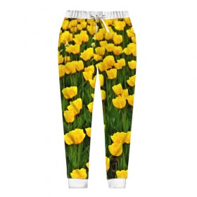 Женские брюки 3D с принтом Жёлтые тюльпаны в Белгороде, полиэстер 100% | прямой крой, два кармана без застежек по бокам, с мягкой трикотажной резинкой на поясе и по низу штанин. В поясе для дополнительного комфорта — широкие завязки | поле | цветы | яркий