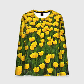 Мужской лонгслив 3D с принтом Жёлтые тюльпаны в Белгороде, 100% полиэстер | длинные рукава, круглый вырез горловины, полуприлегающий силуэт | Тематика изображения на принте: поле | цветы | яркий