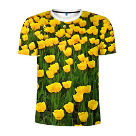 Мужская футболка 3D спортивная с принтом Жёлтые тюльпаны в Белгороде, 100% полиэстер с улучшенными характеристиками | приталенный силуэт, круглая горловина, широкие плечи, сужается к линии бедра | поле | цветы | яркий