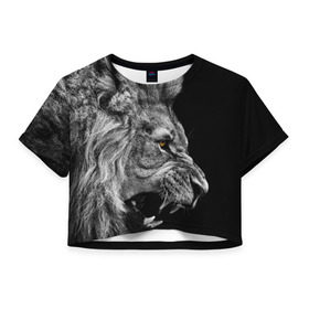 Женская футболка 3D укороченная с принтом Лев в Белгороде, 100% полиэстер | круглая горловина, длина футболки до линии талии, рукава с отворотами |  грива | большая кошка | животное | зверь | зоопарк | зубы | клыки | король | лев | львица | оскал | охота | охотник | природа | рёв | рык | рычание | рычит | саванна | сафари | сила | хищник | царь