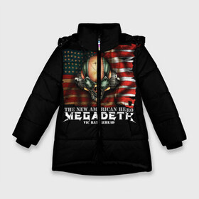 Зимняя куртка для девочек 3D с принтом Megadeth #3 в Белгороде, ткань верха — 100% полиэстер; подклад — 100% полиэстер, утеплитель — 100% полиэстер. | длина ниже бедра, удлиненная спинка, воротник стойка и отстегивающийся капюшон. Есть боковые карманы с листочкой на кнопках, утяжки по низу изделия и внутренний карман на молнии. 

Предусмотрены светоотражающий принт на спинке, радужный светоотражающий элемент на пуллере молнии и на резинке для утяжки. | dave | megadeth | metal | mustaine | rattlehead | rock | thrash | vic | дейв | мастейн | мегадез | мегадет | мегедес | метал | рок | треш