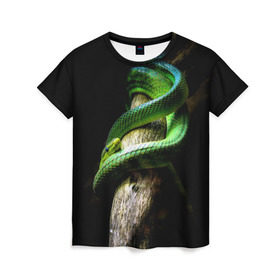 Женская футболка 3D с принтом Змея на груди в Белгороде, 100% полиэфир ( синтетическое хлопкоподобное полотно) | прямой крой, круглый вырез горловины, длина до линии бедер | гадюка | дерево | джунгли | зелёный змей | змея | кобра | природа | удав