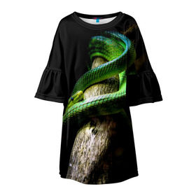 Детское платье 3D с принтом Змея на груди в Белгороде, 100% полиэстер | прямой силуэт, чуть расширенный к низу. Круглая горловина, на рукавах — воланы | Тематика изображения на принте: гадюка | дерево | джунгли | зелёный змей | змея | кобра | природа | удав
