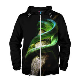 Мужская ветровка 3D с принтом Змея на груди в Белгороде, 100% полиэстер | подол и капюшон оформлены резинкой с фиксаторами, два кармана без застежек по бокам, один потайной карман на груди | гадюка | дерево | джунгли | зелёный змей | змея | кобра | природа | удав