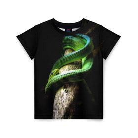 Детская футболка 3D с принтом Змея на груди в Белгороде, 100% гипоаллергенный полиэфир | прямой крой, круглый вырез горловины, длина до линии бедер, чуть спущенное плечо, ткань немного тянется | гадюка | дерево | джунгли | зелёный змей | змея | кобра | природа | удав