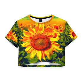 Женская футболка 3D укороченная с принтом Подсолнухи в Белгороде, 100% полиэстер | круглая горловина, длина футболки до линии талии, рукава с отворотами | лето | подсолнух | поле | природа | цветок | яркая