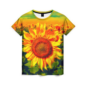 Женская футболка 3D с принтом Подсолнухи в Белгороде, 100% полиэфир ( синтетическое хлопкоподобное полотно) | прямой крой, круглый вырез горловины, длина до линии бедер | лето | подсолнух | поле | природа | цветок | яркая