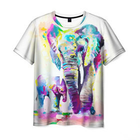 Мужская футболка 3D с принтом Слоны в Белгороде, 100% полиэфир | прямой крой, круглый вырез горловины, длина до линии бедер | Тематика изображения на принте: animal | art | bright | child | color | elephants | family | mother | rainbow | spectrum | животные | искусство | мама | радуга | ребенок | семья | слоны | спектр | цвета | яркие
