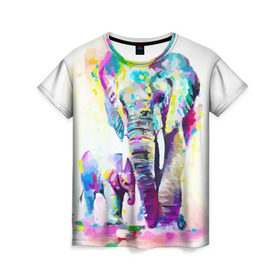 Женская футболка 3D с принтом Слоны в Белгороде, 100% полиэфир ( синтетическое хлопкоподобное полотно) | прямой крой, круглый вырез горловины, длина до линии бедер | animal | art | bright | child | color | elephants | family | mother | rainbow | spectrum | животные | искусство | мама | радуга | ребенок | семья | слоны | спектр | цвета | яркие