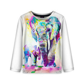 Детский лонгслив 3D с принтом Слоны в Белгороде, 100% полиэстер | длинные рукава, круглый вырез горловины, полуприлегающий силуэт
 | animal | art | bright | child | color | elephants | family | mother | rainbow | spectrum | животные | искусство | мама | радуга | ребенок | семья | слоны | спектр | цвета | яркие