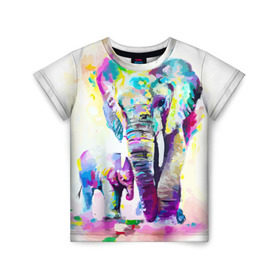Детская футболка 3D с принтом Слоны в Белгороде, 100% гипоаллергенный полиэфир | прямой крой, круглый вырез горловины, длина до линии бедер, чуть спущенное плечо, ткань немного тянется | animal | art | bright | child | color | elephants | family | mother | rainbow | spectrum | животные | искусство | мама | радуга | ребенок | семья | слоны | спектр | цвета | яркие