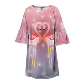 Детское платье 3D с принтом Влюбленные фламинго в Белгороде, 100% полиэстер | прямой силуэт, чуть расширенный к низу. Круглая горловина, на рукавах — воланы | 14 февраля | день всех влюбленных | любовь | птицы | фламинго