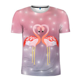 Мужская футболка 3D спортивная с принтом Влюбленные фламинго в Белгороде, 100% полиэстер с улучшенными характеристиками | приталенный силуэт, круглая горловина, широкие плечи, сужается к линии бедра | 14 февраля | день всех влюбленных | любовь | птицы | фламинго