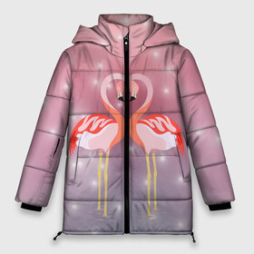 Женская зимняя куртка 3D с принтом Влюбленные фламинго в Белгороде, верх — 100% полиэстер; подкладка — 100% полиэстер; утеплитель — 100% полиэстер | длина ниже бедра, силуэт Оверсайз. Есть воротник-стойка, отстегивающийся капюшон и ветрозащитная планка. 

Боковые карманы с листочкой на кнопках и внутренний карман на молнии | 14 февраля | день всех влюбленных | любовь | птицы | фламинго