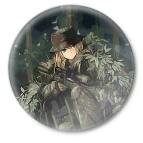 Значок с принтом Девушка с оружием в Белгороде,  металл | круглая форма, металлическая застежка в виде булавки | Тематика изображения на принте: anime | eyes | forest camouflage | girl | green | guns | japanese | rifle | sniper | аниме | винтовка | глаза | девушка | зеленые | камуфляж | лес | оружие | снайпер | японская