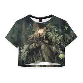 Женская футболка 3D укороченная с принтом Девушка с оружием в Белгороде, 100% полиэстер | круглая горловина, длина футболки до линии талии, рукава с отворотами | anime | eyes | forest camouflage | girl | green | guns | japanese | rifle | sniper | аниме | винтовка | глаза | девушка | зеленые | камуфляж | лес | оружие | снайпер | японская