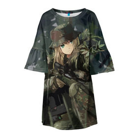 Детское платье 3D с принтом Девушка с оружием в Белгороде, 100% полиэстер | прямой силуэт, чуть расширенный к низу. Круглая горловина, на рукавах — воланы | anime | eyes | forest camouflage | girl | green | guns | japanese | rifle | sniper | аниме | винтовка | глаза | девушка | зеленые | камуфляж | лес | оружие | снайпер | японская
