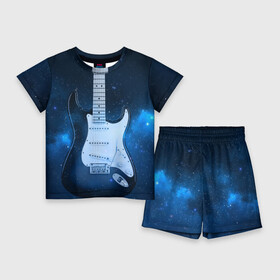 Детский костюм с шортами 3D с принтом Космическая гитара в Белгороде,  |  | fender | stratocaster | вселенная | галактика | гитра | космос | музыка | рок | рокнрол | стратокастер | туманность | фендер | электро | электрогитара