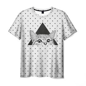 Мужская футболка 3D с принтом Взгляд кота в Белгороде, 100% полиэфир | прямой крой, круглый вырез горловины, длина до линии бедер | animal | beast | cat | feline | kitty | meow | triangle | взгляд | геометрия | животное | зверь | китти | кот | котенок | кошка | мяу | треугольник