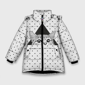 Зимняя куртка для девочек 3D с принтом Взгляд кота в Белгороде, ткань верха — 100% полиэстер; подклад — 100% полиэстер, утеплитель — 100% полиэстер. | длина ниже бедра, удлиненная спинка, воротник стойка и отстегивающийся капюшон. Есть боковые карманы с листочкой на кнопках, утяжки по низу изделия и внутренний карман на молнии. 

Предусмотрены светоотражающий принт на спинке, радужный светоотражающий элемент на пуллере молнии и на резинке для утяжки. | animal | beast | cat | feline | kitty | meow | triangle | взгляд | геометрия | животное | зверь | китти | кот | котенок | кошка | мяу | треугольник