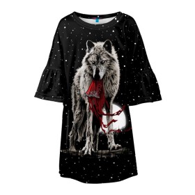 Детское платье 3D с принтом Серый волк в Белгороде, 100% полиэстер | прямой силуэт, чуть расширенный к низу. Круглая горловина, на рукавах — воланы | angry | animal | beast | heaven | moon | night | rage | sky | star | wild | wolf | волк | дикий | животное | звезды | зверь | злость | красная шапочка | луна | небеса | небо | ночь | сказка | ярость