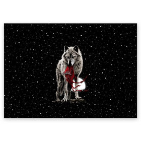 Поздравительная открытка с принтом Серый волк в Белгороде, 100% бумага | плотность бумаги 280 г/м2, матовая, на обратной стороне линовка и место для марки
 | angry | animal | beast | heaven | moon | night | rage | sky | star | wild | wolf | волк | дикий | животное | звезды | зверь | злость | красная шапочка | луна | небеса | небо | ночь | сказка | ярость