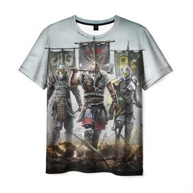 Мужская футболка 3D с принтом For Honor в Белгороде, 100% полиэфир | прямой крой, круглый вырез горловины, длина до линии бедер | for honor | боевые топоры | воители | доспехи | мечи | трое 3 | шлем