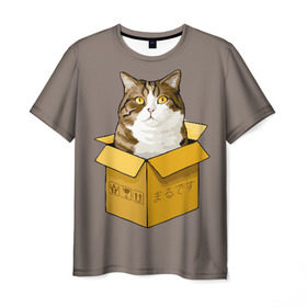 Мужская футболка 3D с принтом Maru в Белгороде, 100% полиэфир | прямой крой, круглый вырез горловины, длина до линии бедер | cat | maru | коробка | кот в коробке | кот мару | котейка | кошка | мару | прикол