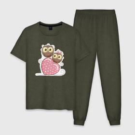 Мужская пижама хлопок с принтом Совы на сердце в Белгороде, 100% хлопок | брюки и футболка прямого кроя, без карманов, на брюках мягкая резинка на поясе и по низу штанин
 | Тематика изображения на принте: 