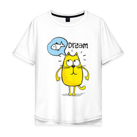 Мужская футболка хлопок Oversize с принтом Кот мечтает о рыбке в Белгороде, 100% хлопок | свободный крой, круглый ворот, “спинка” длиннее передней части | Тематика изображения на принте: 