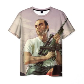 Мужская футболка 3D с принтом GTA 5 в Белгороде, 100% полиэфир | прямой крой, круглый вырез горловины, длина до линии бедер | gta 5 | автоматы | игры | мужчины | трое 3