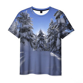 Мужская футболка 3D с принтом Зимний лес в Белгороде, 100% полиэфир | прямой крой, круглый вырез горловины, длина до линии бедер | времена года | ель | зима | леса | лучи света | природа | снег
