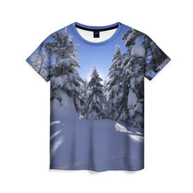 Женская футболка 3D с принтом Зимний лес в Белгороде, 100% полиэфир ( синтетическое хлопкоподобное полотно) | прямой крой, круглый вырез горловины, длина до линии бедер | времена года | ель | зима | леса | лучи света | природа | снег