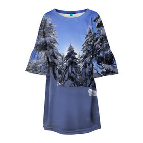 Детское платье 3D с принтом Зимний лес в Белгороде, 100% полиэстер | прямой силуэт, чуть расширенный к низу. Круглая горловина, на рукавах — воланы | Тематика изображения на принте: времена года | ель | зима | леса | лучи света | природа | снег