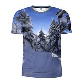 Мужская футболка 3D спортивная с принтом Зимний лес в Белгороде, 100% полиэстер с улучшенными характеристиками | приталенный силуэт, круглая горловина, широкие плечи, сужается к линии бедра | времена года | ель | зима | леса | лучи света | природа | снег