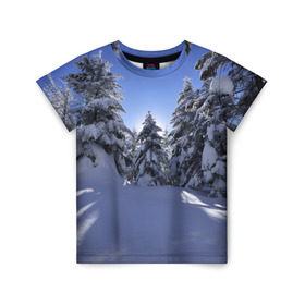 Детская футболка 3D с принтом Зимний лес в Белгороде, 100% гипоаллергенный полиэфир | прямой крой, круглый вырез горловины, длина до линии бедер, чуть спущенное плечо, ткань немного тянется | Тематика изображения на принте: времена года | ель | зима | леса | лучи света | природа | снег