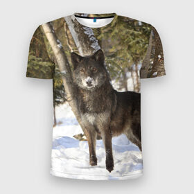 Мужская футболка 3D спортивная с принтом Король леса в Белгороде, 100% полиэстер с улучшенными характеристиками | приталенный силуэт, круглая горловина, широкие плечи, сужается к линии бедра | волки | животные | зима | зимние | картинки | снег | фото