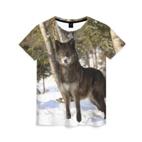 Женская футболка 3D с принтом Король леса в Белгороде, 100% полиэфир ( синтетическое хлопкоподобное полотно) | прямой крой, круглый вырез горловины, длина до линии бедер | волки | животные | зима | зимние | картинки | снег | фото