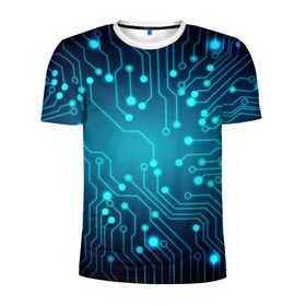 Мужская футболка 3D спортивная с принтом SkyNet в Белгороде, 100% полиэстер с улучшенными характеристиками | приталенный силуэт, круглая горловина, широкие плечи, сужается к линии бедра | Тематика изображения на принте: бирюзовый | кибер | микросхема | яркий