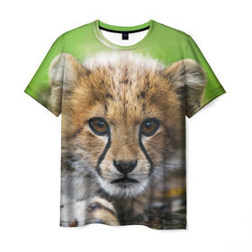 Мужская футболка 3D с принтом Котёнок гепарда в Белгороде, 100% полиэфир | прямой крой, круглый вырез горловины, длина до линии бедер | гепард | дикая кошка | котёнок | кошка | лев | природа | тигр | хищник | ягуар