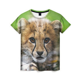 Женская футболка 3D с принтом Котёнок гепарда в Белгороде, 100% полиэфир ( синтетическое хлопкоподобное полотно) | прямой крой, круглый вырез горловины, длина до линии бедер | Тематика изображения на принте: гепард | дикая кошка | котёнок | кошка | лев | природа | тигр | хищник | ягуар