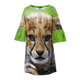 Детское платье 3D с принтом Котёнок гепарда в Белгороде, 100% полиэстер | прямой силуэт, чуть расширенный к низу. Круглая горловина, на рукавах — воланы | гепард | дикая кошка | котёнок | кошка | лев | природа | тигр | хищник | ягуар