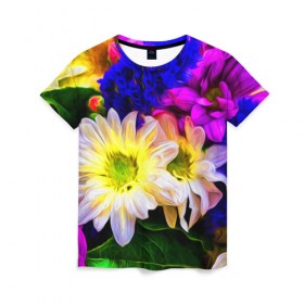 Женская футболка 3D с принтом Райские цветы в Белгороде, 100% полиэфир ( синтетическое хлопкоподобное полотно) | прямой крой, круглый вырез горловины, длина до линии бедер | color | колорит | лепестки | цвет | цветок | цветочки | цветы