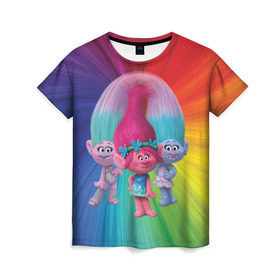 Женская футболка 3D с принтом Тролли в Белгороде, 100% полиэфир ( синтетическое хлопкоподобное полотно) | прямой крой, круглый вырез горловины, длина до линии бедер | princess poppy | troll poppy | troll satin and chenille | trolls | розочка | сатинка и синелька | тролли | цветан