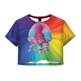 Женская футболка 3D укороченная с принтом Тролли в Белгороде, 100% полиэстер | круглая горловина, длина футболки до линии талии, рукава с отворотами | princess poppy | troll poppy | troll satin and chenille | trolls | розочка | сатинка и синелька | тролли | цветан