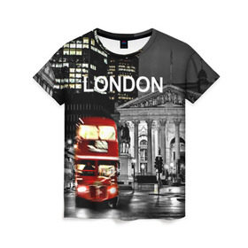 Женская футболка 3D с принтом Улицы Лондона в Белгороде, 100% полиэфир ( синтетическое хлопкоподобное полотно) | прямой крой, круглый вырез горловины, длина до линии бедер | Тематика изображения на принте: bus | city | england | evening | lights | london | night | street | two storey | united kingdom | автобус | англия | великобритания | вечер | город | двухэтажный | лондон | ночь | огни | улица
