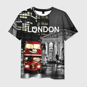 Мужская футболка 3D с принтом Улицы Лондона в Белгороде, 100% полиэфир | прямой крой, круглый вырез горловины, длина до линии бедер | Тематика изображения на принте: bus | city | england | evening | lights | london | night | street | two storey | united kingdom | автобус | англия | великобритания | вечер | город | двухэтажный | лондон | ночь | огни | улица