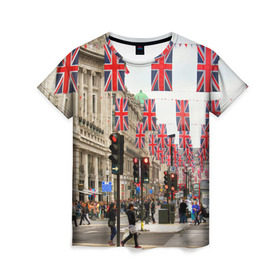 Женская футболка 3D с принтом Улицы Лондона в Белгороде, 100% полиэфир ( синтетическое хлопкоподобное полотно) | прямой крой, круглый вырез горловины, длина до линии бедер | city | england | flags | london | moving | pedestrians | people | street | traffic lights | united kingdom | англия | великобритания | город | лондон | люди | переход | пешеходы | светофоры | улица | флаги