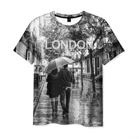 Мужская футболка 3D с принтом Улицы Лондона в Белгороде, 100% полиэфир | прямой крой, круглый вырез горловины, длина до линии бедер | Тематика изображения на принте: англия | бульвар | великобритания | влюбленные | дождь | зонтик | лондон | улица