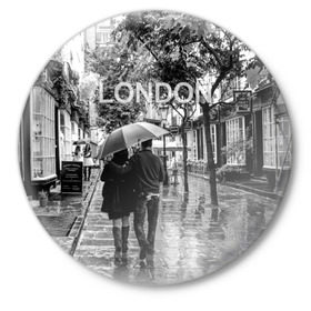 Значок с принтом Улицы Лондона в Белгороде,  металл | круглая форма, металлическая застежка в виде булавки | Тематика изображения на принте: англия | бульвар | великобритания | влюбленные | дождь | зонтик | лондон | улица